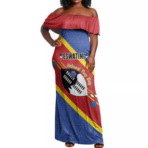 Personalized Happy Swaziland National Flag Day Off Shoulder Maxi Dress Nguni Shield Flag Style - African Pattern