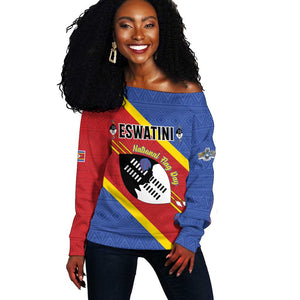 Personalized Happy Swaziland National Flag Day Off Shoulder Sweater Nguni Shield Flag Style - African Pattern