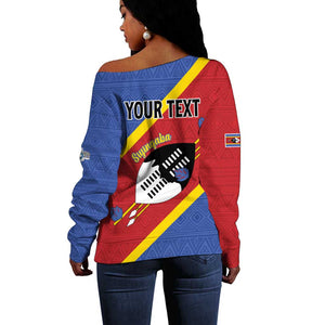 Personalized Happy Swaziland National Flag Day Off Shoulder Sweater Nguni Shield Flag Style - African Pattern