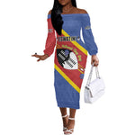Personalized Happy Swaziland National Flag Day Off The Shoulder Long Sleeve Dress Nguni Shield Flag Style - African Pattern