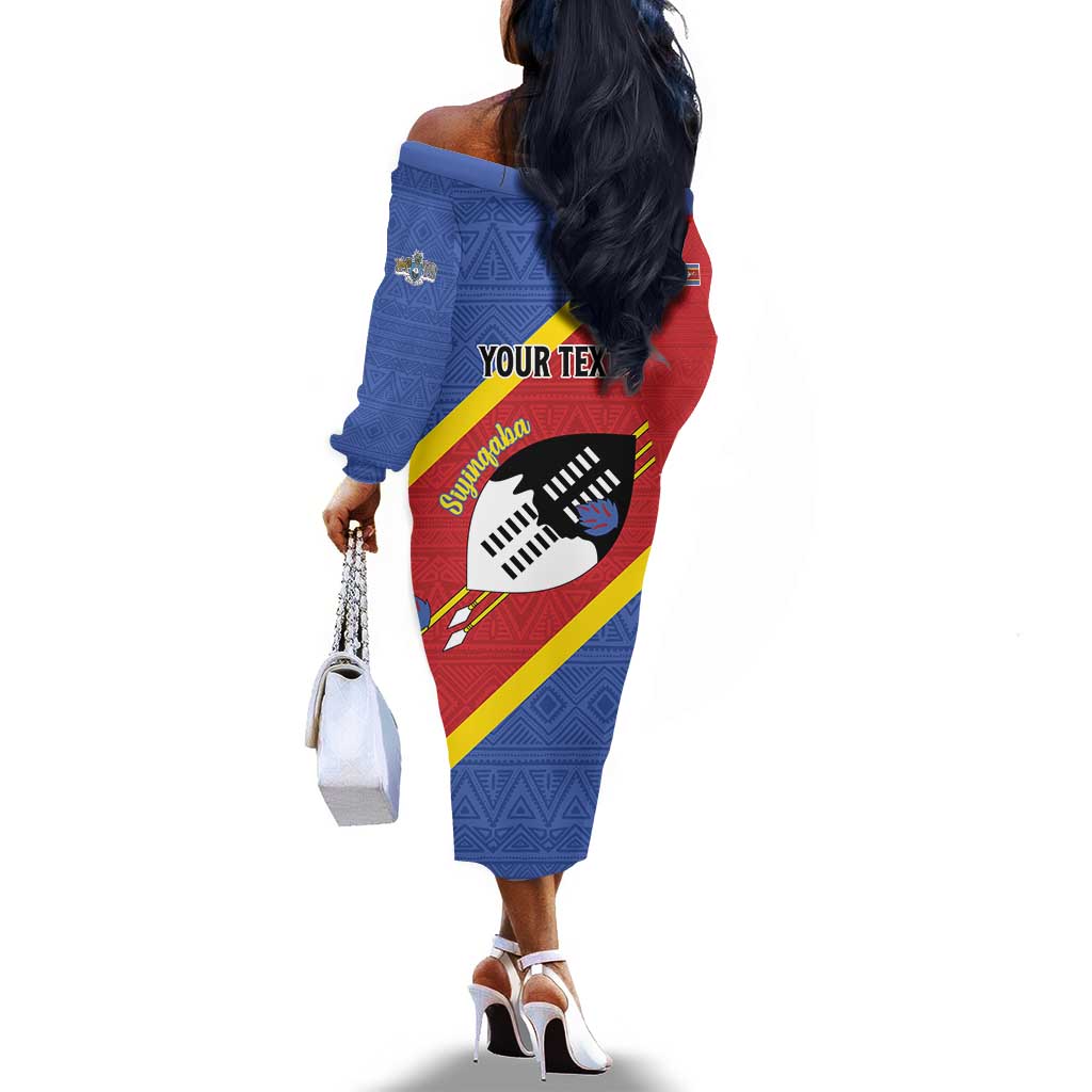 Personalized Happy Swaziland National Flag Day Off The Shoulder Long Sleeve Dress Nguni Shield Flag Style - African Pattern