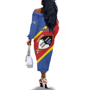 Personalized Happy Swaziland National Flag Day Off The Shoulder Long Sleeve Dress Nguni Shield Flag Style - African Pattern