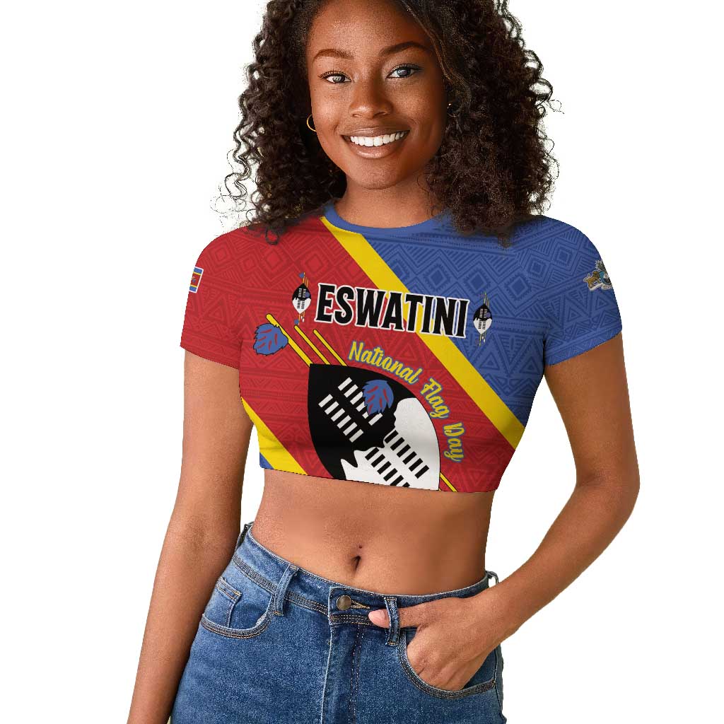 Personalized Happy Swaziland National Flag Day Raglan Cropped T shirt Nguni Shield Flag Style - African Pattern