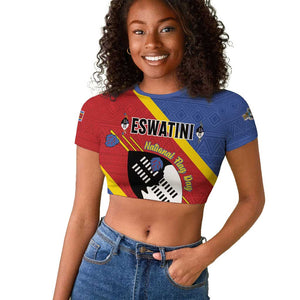 Personalized Happy Swaziland National Flag Day Raglan Cropped T shirt Nguni Shield Flag Style - African Pattern