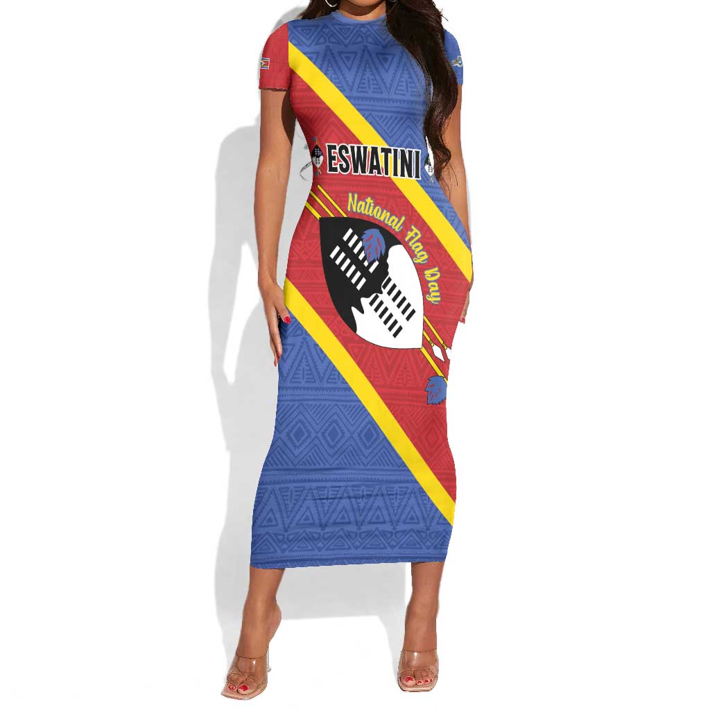 Personalized Happy Swaziland National Flag Day Short Sleeve Bodycon Dress Nguni Shield Flag Style - African Pattern LT15