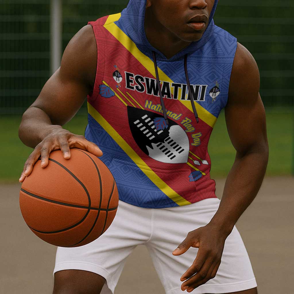 Personalized Happy Swaziland National Flag Day Sleeveless Hoodie Nguni Shield Flag Style - African Pattern - African Pride