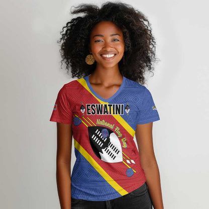 Personalized Happy Swaziland National Flag Day Women V-Neck T-Shirt Nguni Shield Flag Style - African Pattern