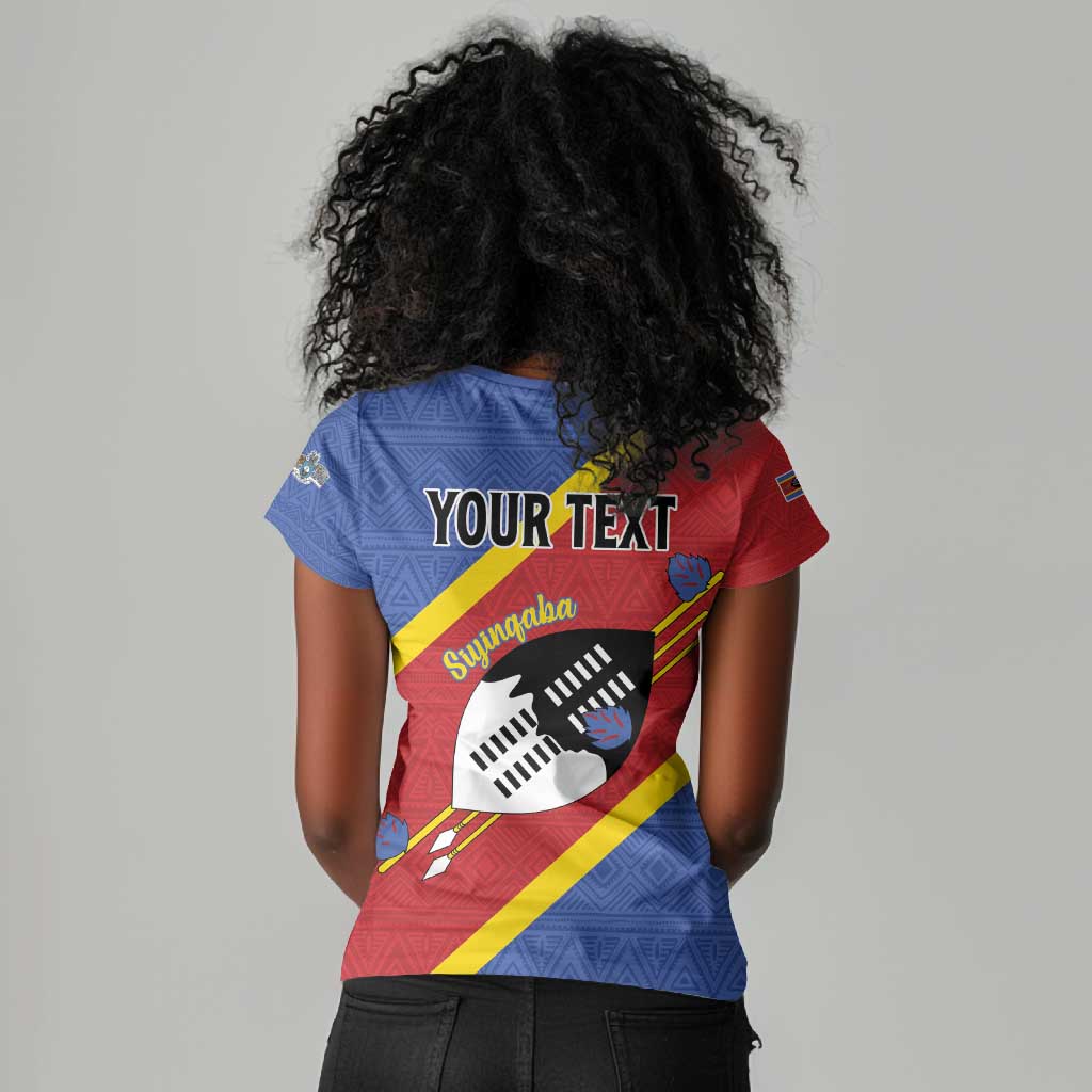 Personalized Happy Swaziland National Flag Day Women V-Neck T-Shirt Nguni Shield Flag Style - African Pattern