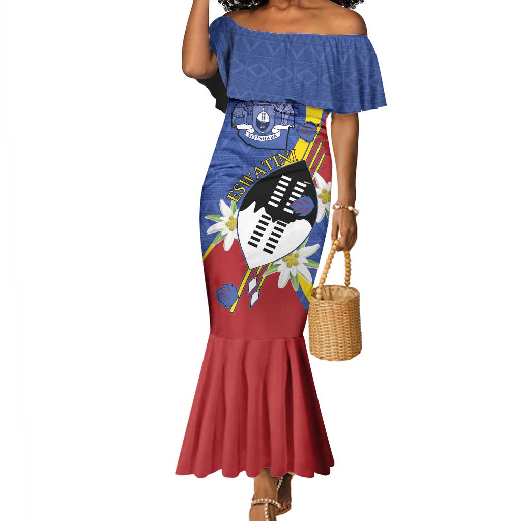 Umbuso weSwatini Mermaid Dress Nguni Shield Edelweiss Flower