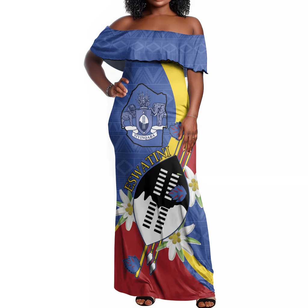 Umbuso weSwatini Off Shoulder Maxi Dress Nguni Shield Edelweiss Flower