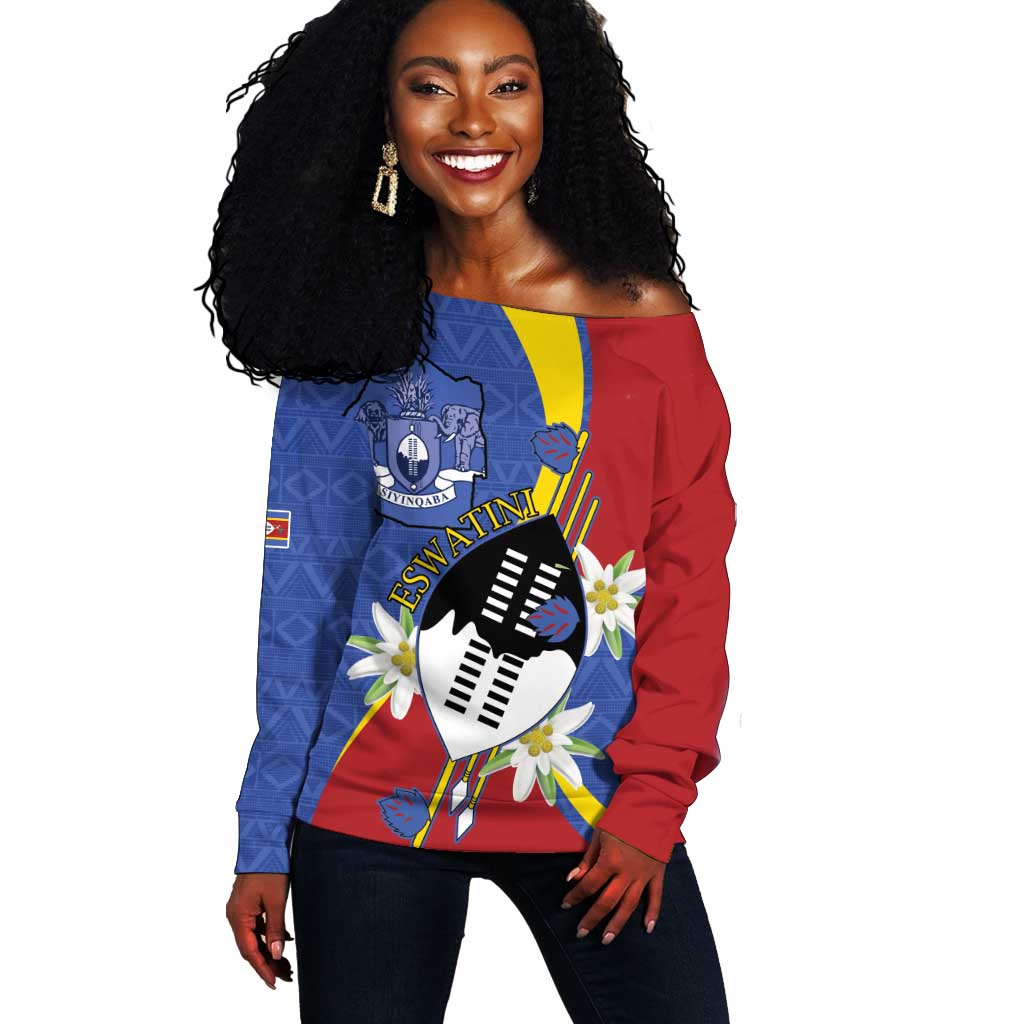Umbuso weSwatini Off Shoulder Sweater Nguni Shield Edelweiss Flower