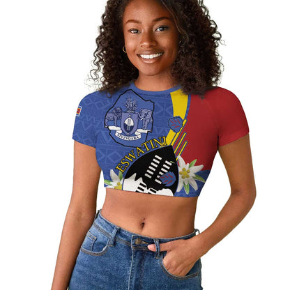 Umbuso weSwatini Raglan Cropped T shirt Nguni Shield Edelweiss Flower