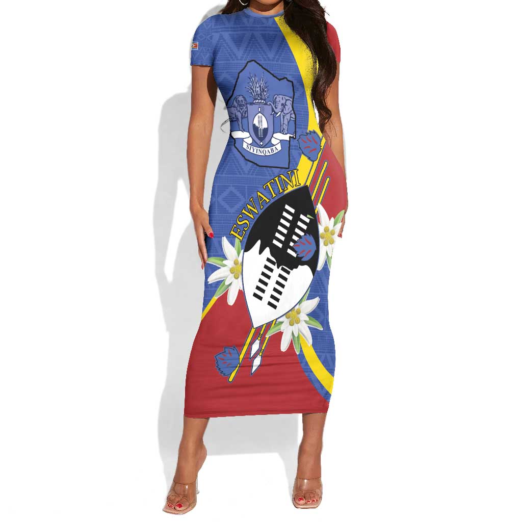 Umbuso weSwatini Short Sleeve Bodycon Dress Nguni Shield Edelweiss Flower LT15
