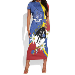 Umbuso weSwatini Short Sleeve Bodycon Dress Nguni Shield Edelweiss Flower LT15