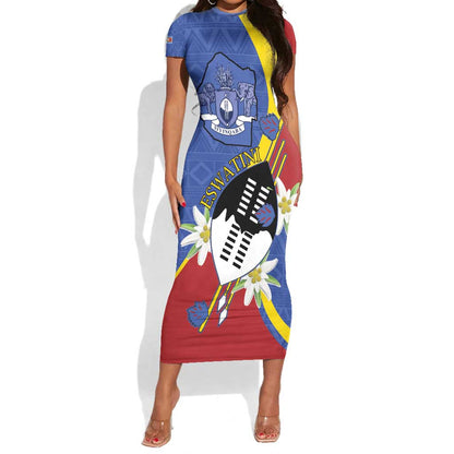 Umbuso weSwatini Short Sleeve Bodycon Dress Nguni Shield Edelweiss Flower LT15
