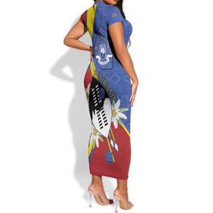 Umbuso weSwatini Short Sleeve Bodycon Dress Nguni Shield Edelweiss Flower LT15