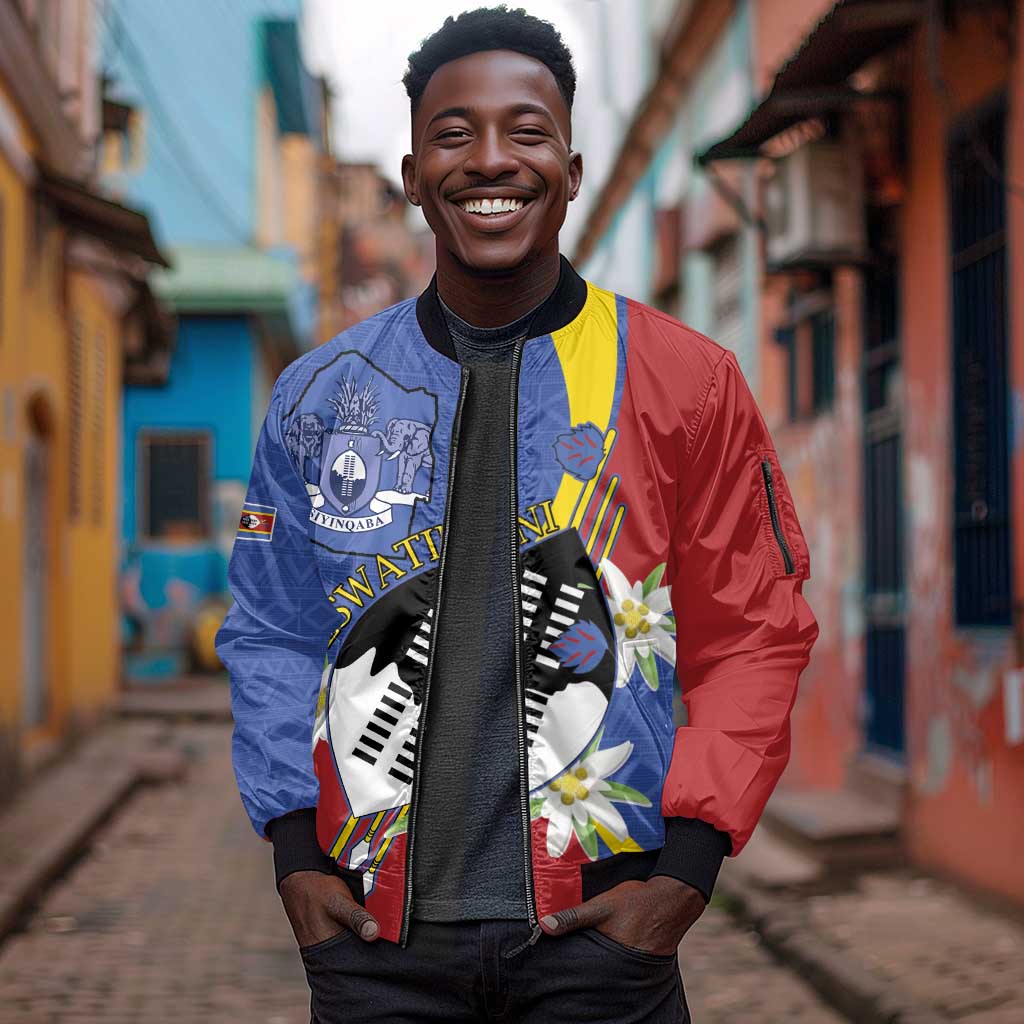 Umbuso weSwatini Sleeve Zip Bomber Jacket Nguni Shield Edelweiss Flower