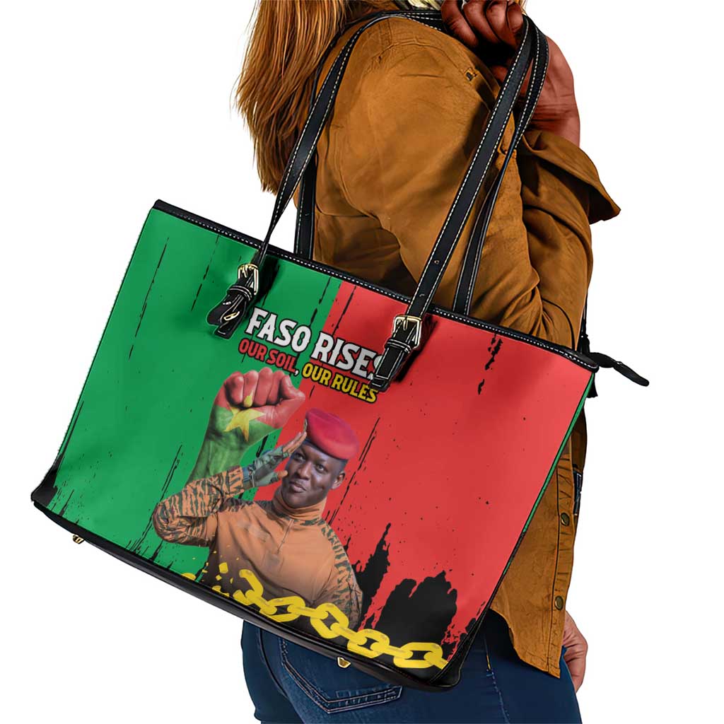 Faso Rises Our Soil Our Rules Leather Tote Bag Ibrahim Traore Revolutionary Spirit