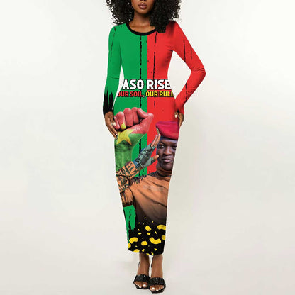 Faso Rises Our Soil Our Rules Long Sleeve Bodycon Dress Ibrahim Traore Revolutionary Spirit