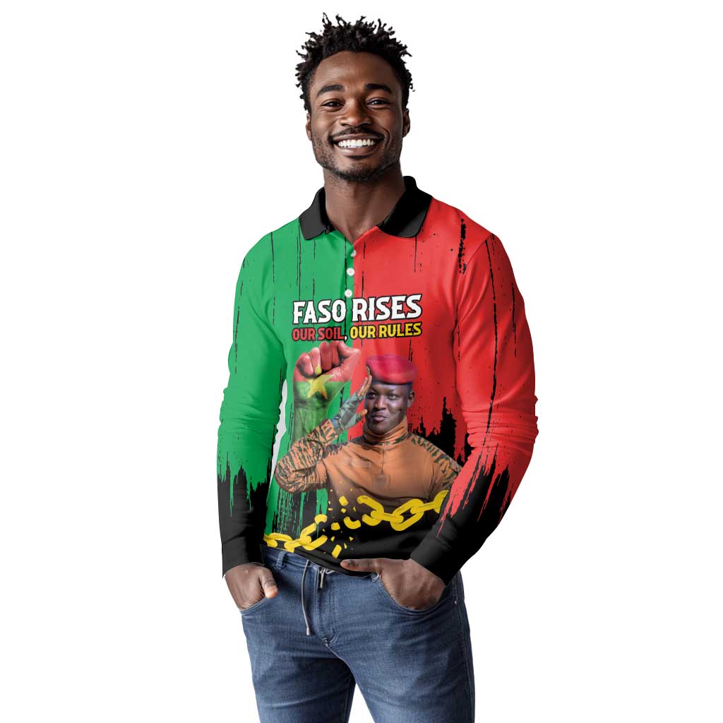 Faso Rises Our Soil Our Rules Long Sleeve Polo Shirt Ibrahim Traore Revolutionary Spirit