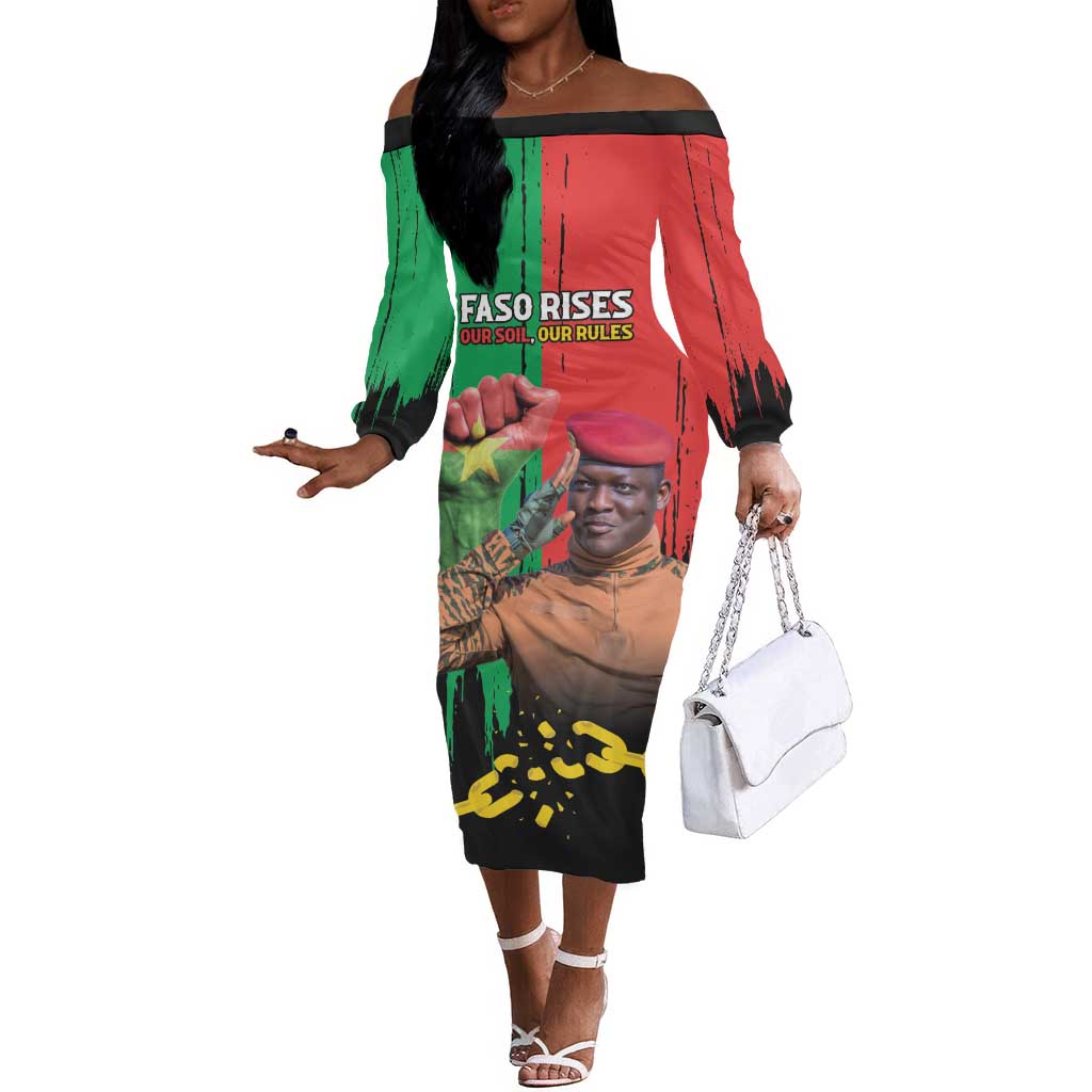 Faso Rises Our Soil Our Rules Off The Shoulder Long Sleeve Dress Ibrahim Traore Revolutionary Spirit