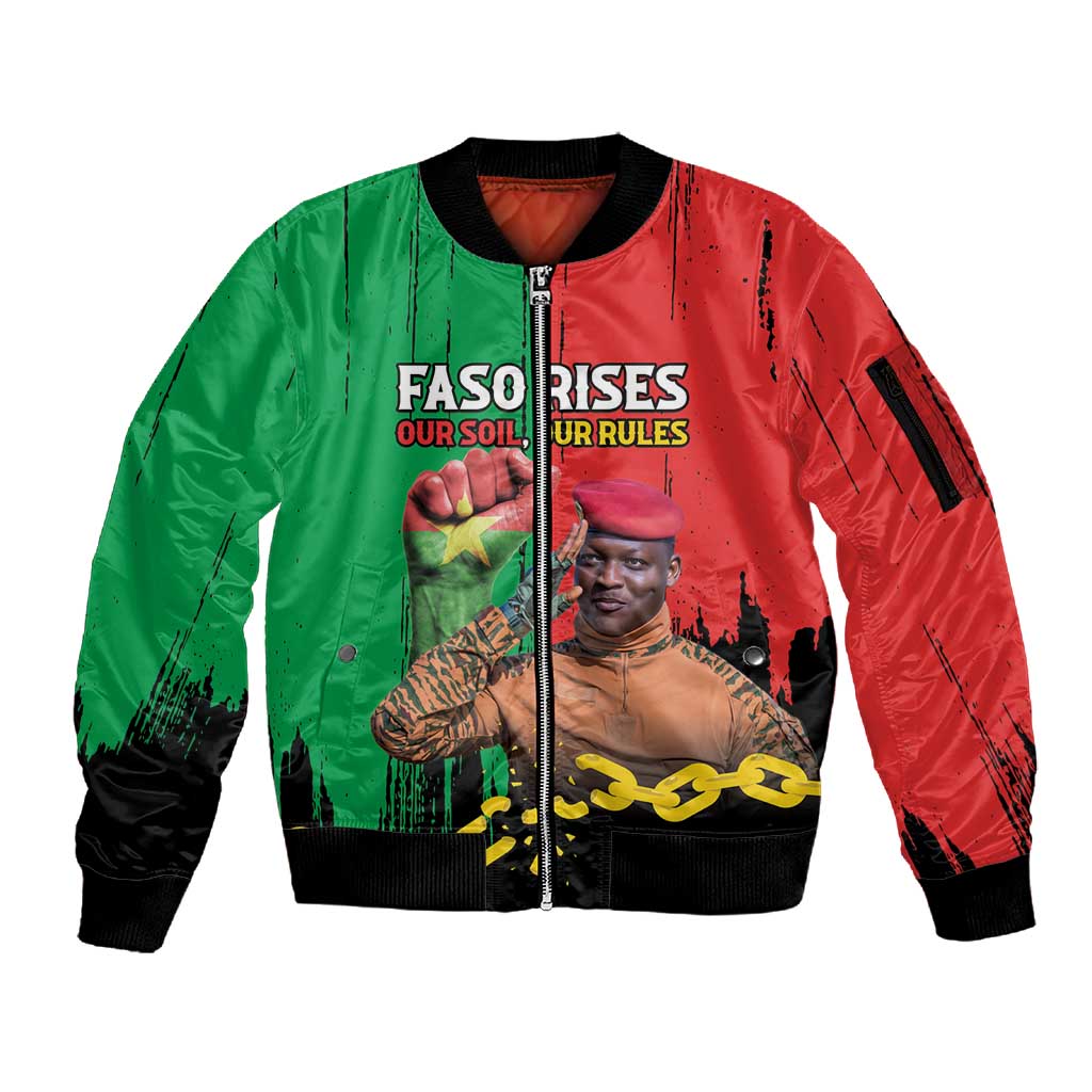Faso Rises Our Soil Our Rules Sleeve Zip Bomber Jacket Ibrahim Traore Revolutionary Spirit