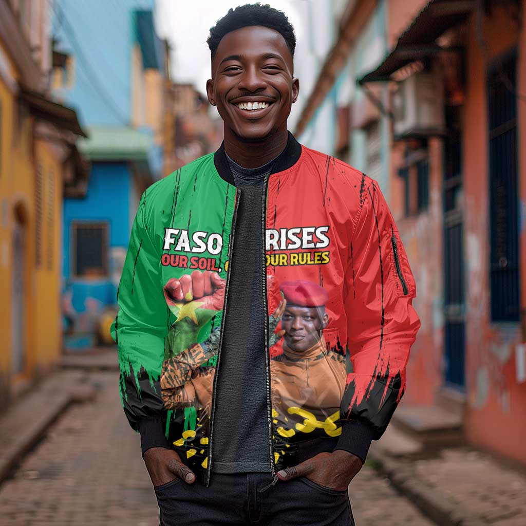 Faso Rises Our Soil Our Rules Sleeve Zip Bomber Jacket Ibrahim Traore Revolutionary Spirit