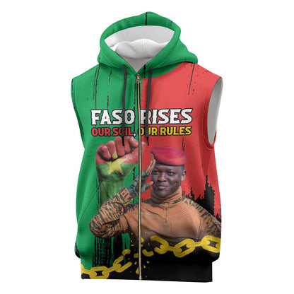 Faso Rises Our Soil Our Rules Sleeveless Zip Hoodie Ibrahim Traore Revolutionary Spirit - African Pride