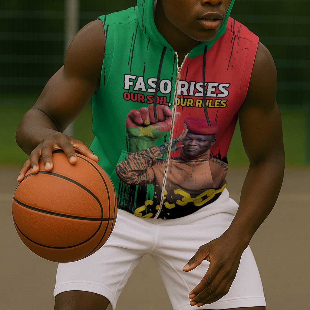 Faso Rises Our Soil Our Rules Sleeveless Zip Hoodie Ibrahim Traore Revolutionary Spirit - African Pride