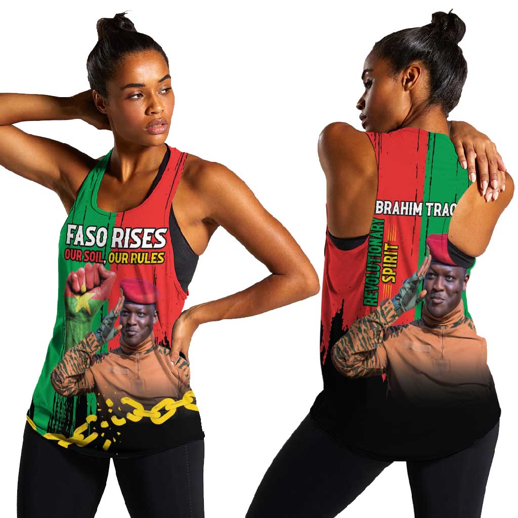 Faso Rises Our Soil Our Rules Women Racerback Tank Ibrahim Traore Revolutionary Spirit