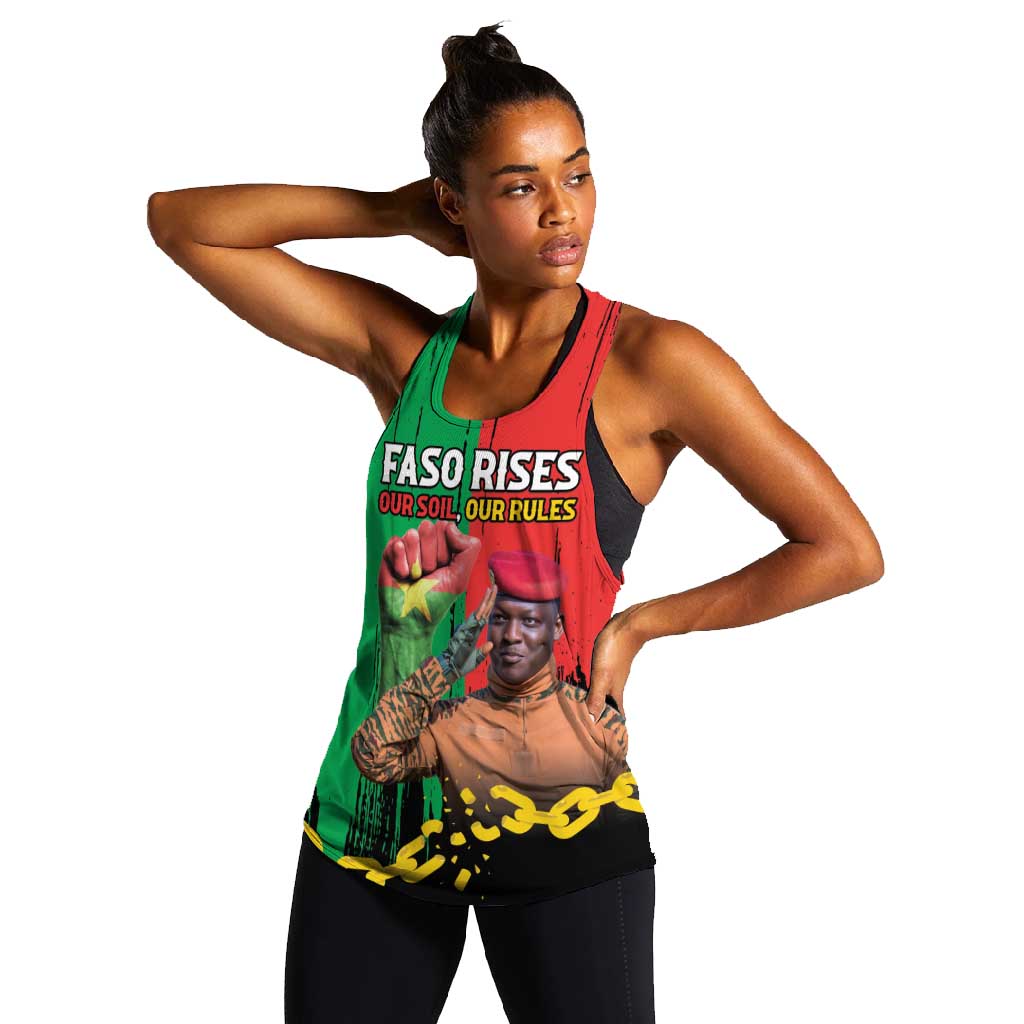 Faso Rises Our Soil Our Rules Women Racerback Tank Ibrahim Traore Revolutionary Spirit
