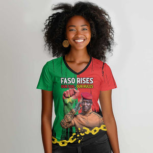 Faso Rises Our Soil Our Rules Women V-Neck T-Shirt Ibrahim Traore Revolutionary Spirit