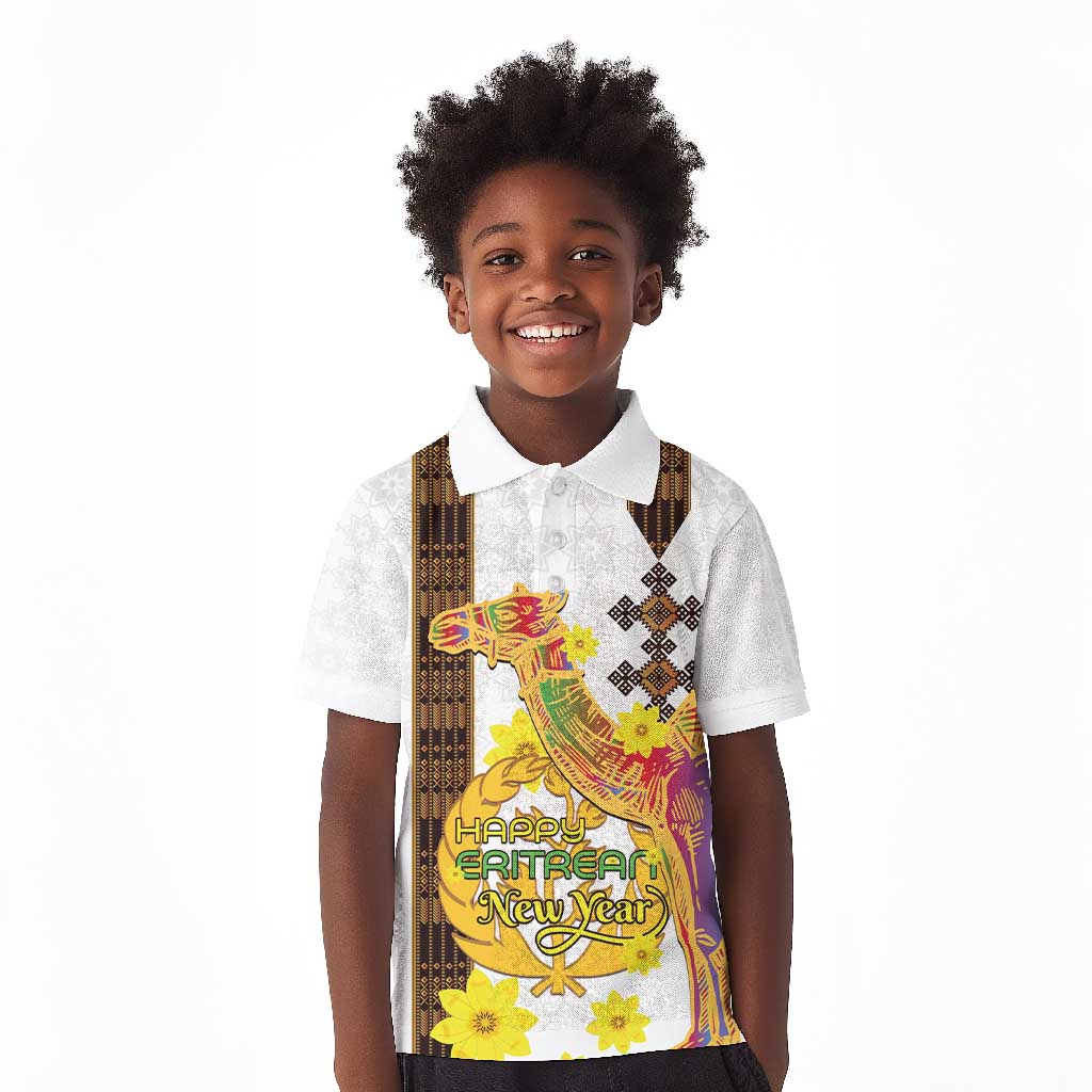 Melkam Enkutatash Eritrean Kid Polo Shirt Camel With Habesha Tilet Pattern - African Pride