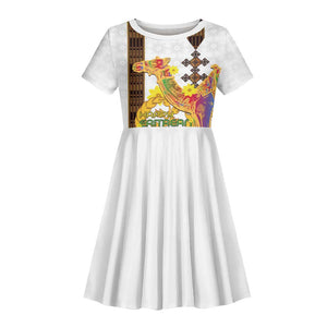 Melkam Enkutatash Eritrean Kid Short Sleeve Dress Camel With Habesha Tilet Pattern - African Pride