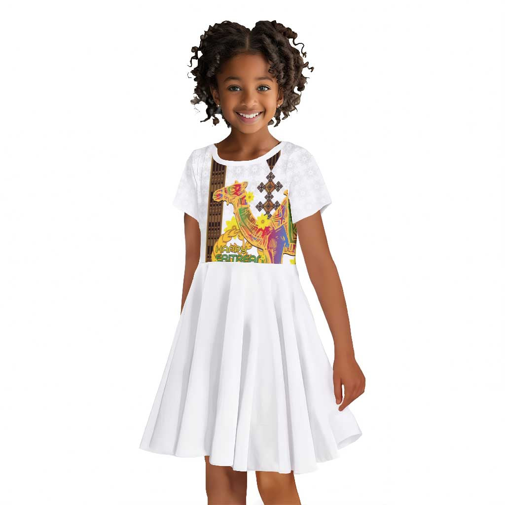 Melkam Enkutatash Eritrean Kid Short Sleeve Dress Camel With Habesha Tilet Pattern - African Pride