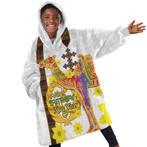Melkam Enkutatash Eritrean Kid Wearable Blanket Hoodie Camel With Habesha Tilet Pattern - African Pride