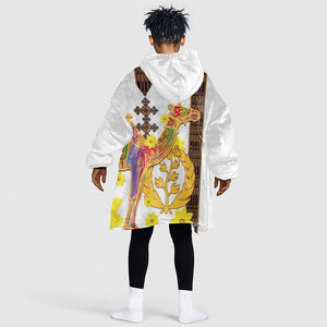 Melkam Enkutatash Eritrean Kid Wearable Blanket Hoodie Camel With Habesha Tilet Pattern - African Pride