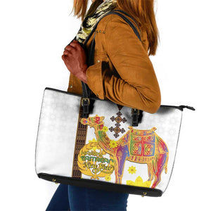 Melkam Enkutatash Eritrean Leather Tote Bag Camel With Habesha Tilet Pattern - African Pride