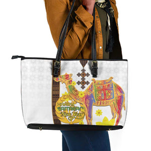 Melkam Enkutatash Eritrean Leather Tote Bag Camel With Habesha Tilet Pattern - African Pride