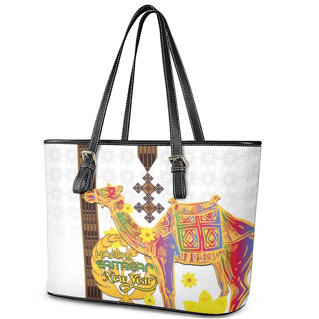 Melkam Enkutatash Eritrean Leather Tote Bag Camel With Habesha Tilet Pattern - African Pride