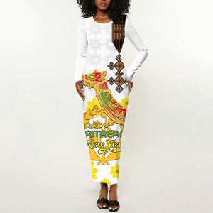 Melkam Enkutatash Eritrean Long Sleeve Bodycon Dress Camel With Habesha Tilet Pattern - African Pride