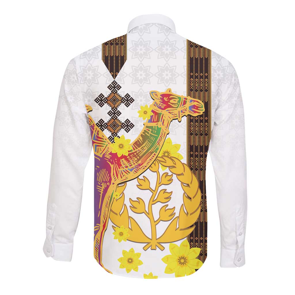 Melkam Enkutatash Eritrean Long Sleeve Button Shirt Camel With Habesha Tilet Pattern - African Pride