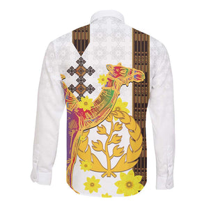 Melkam Enkutatash Eritrean Long Sleeve Button Shirt Camel With Habesha Tilet Pattern - African Pride