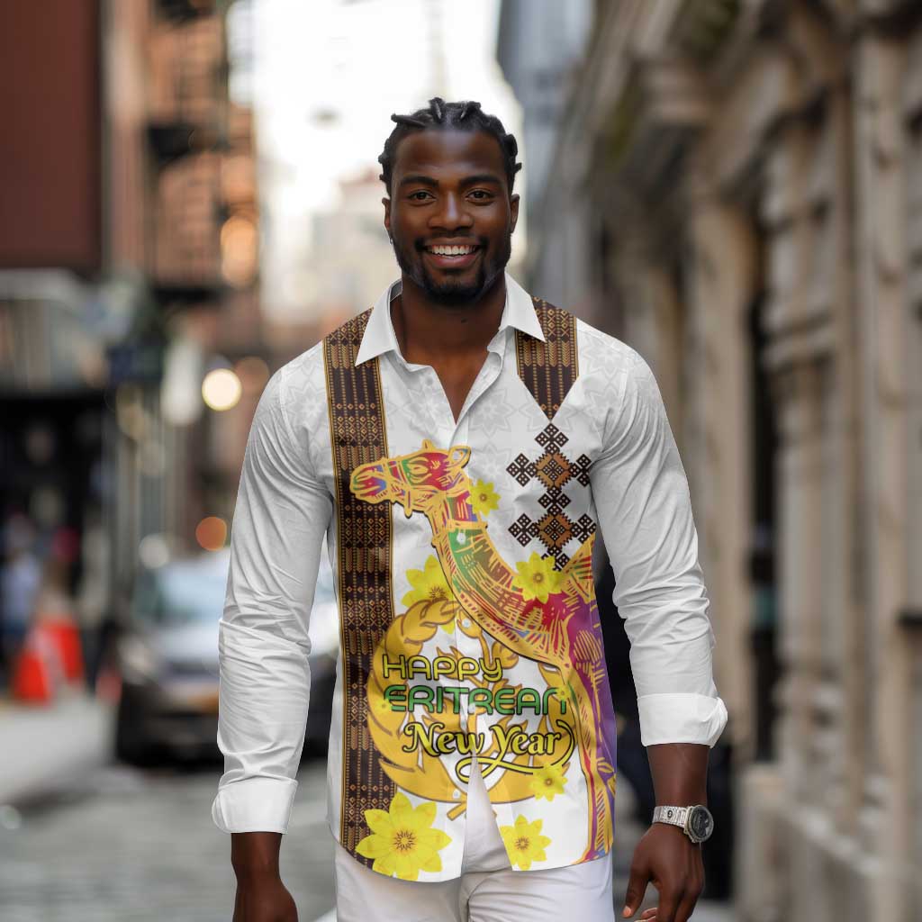 Melkam Enkutatash Eritrean Long Sleeve Button Shirt Camel With Habesha Tilet Pattern - African Pride