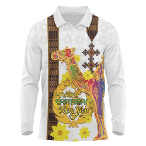 Melkam Enkutatash Eritrean Long Sleeve Polo Shirt Camel With Habesha Tilet Pattern - African Pride