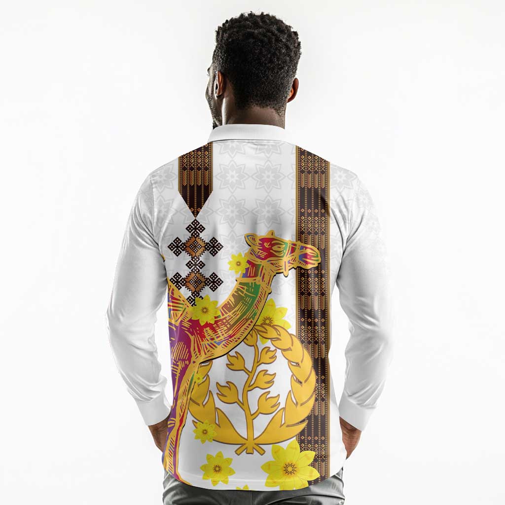 Melkam Enkutatash Eritrean Long Sleeve Polo Shirt Camel With Habesha Tilet Pattern - African Pride