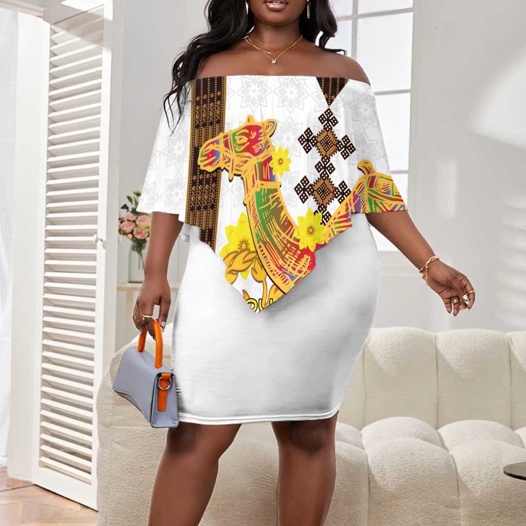 Melkam Enkutatash Eritrean Off Shoulder Short Dress Camel With Habesha Tilet Pattern - African Pride