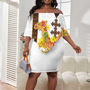 Melkam Enkutatash Eritrean Off Shoulder Short Dress Camel With Habesha Tilet Pattern - African Pride
