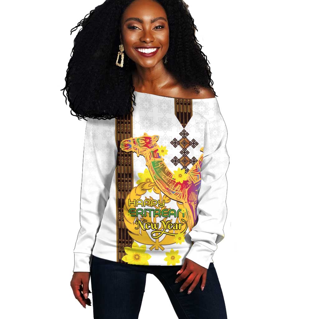 Melkam Enkutatash Eritrean Off Shoulder Sweater Camel With Habesha Tilet Pattern - African Pride
