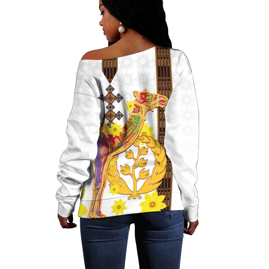 Melkam Enkutatash Eritrean Off Shoulder Sweater Camel With Habesha Tilet Pattern - African Pride
